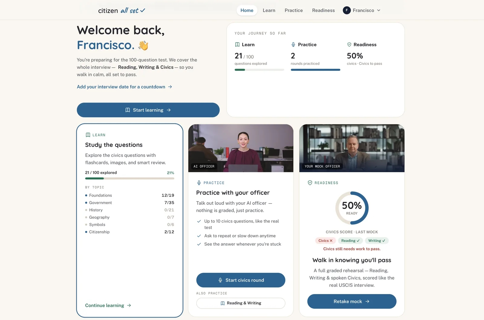 The CitizenAllSet member dashboard: Learn, Practice and Readiness, with progress and a readiness score.